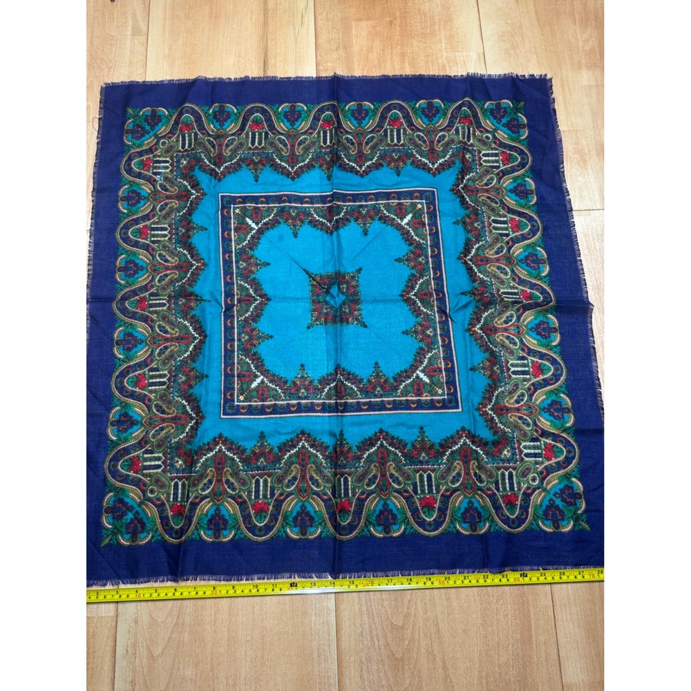 Vintage Glentex Blue Paisley Floral Square Scarf 28in Made in Japan Acrylic Boho